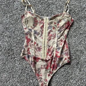 FP Movement by Free People Floral Bodysuit in Red and Cream